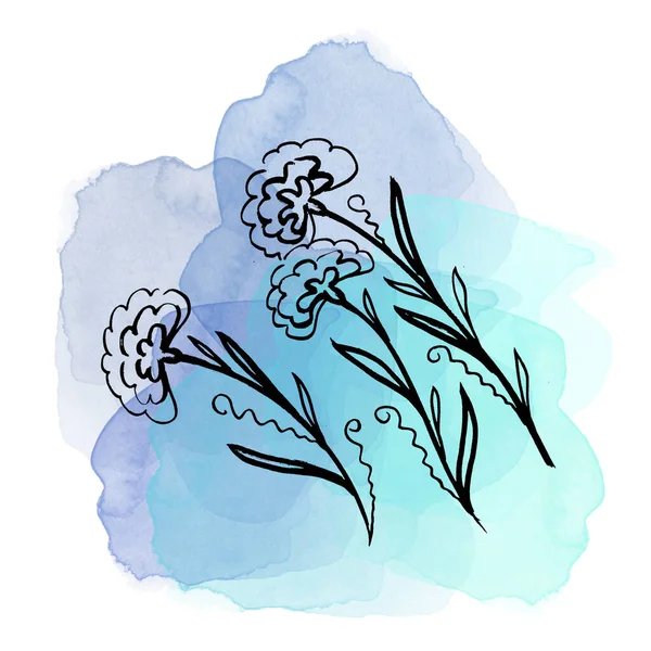 Set Floral botanical calendula flower on watercolor violet and blue blots. Isolated illustration element. Line art hand drawing wildflower on white background — Stok fotoğraf