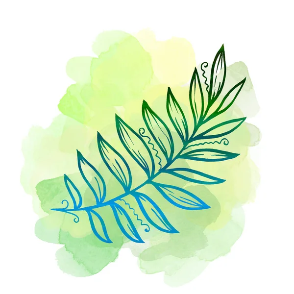 Colorful line art palm Leave on green watercolor blob. Linear hand drawing tropical Leaf on white background — Stockfoto