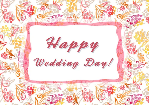 Happy wedding day. Calligraphy words for greeting cards. Lettering sign in frame. Wedding invitations. Pink, orange, red and gray colors. Watercolor flowers — Stock Photo, Image