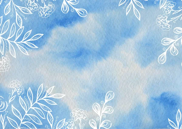 Spring blue sky and cloud. Watercolor Background. White leave — Stockfoto