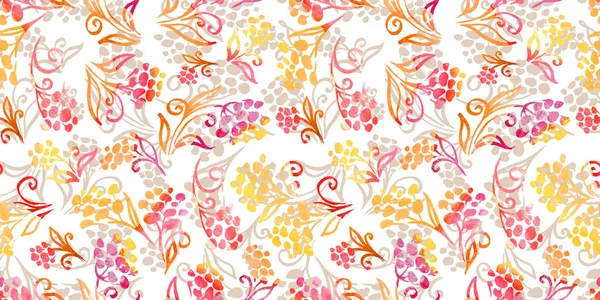 Багатобарвна осінь акварельний квітковий безшовний візерунок оранжева, червоно-жовта гілка і квітка на білому тлі. Квіти елемент з упаковкою — стокове фото