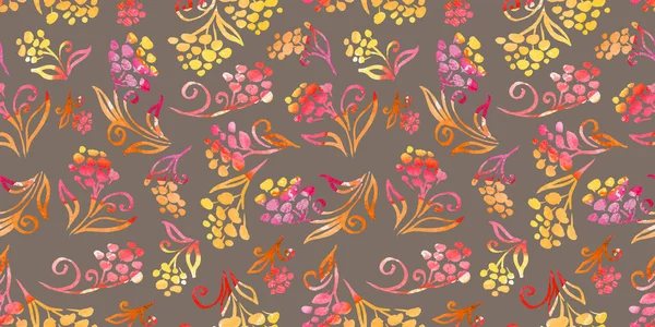Багатобарвна осінь акварельний квітковий безшовний візерунок оранжева, червоно-жовта гілка і квітка на темно-коричневому тлі. Квіти елемент з упаковкою — стокове фото