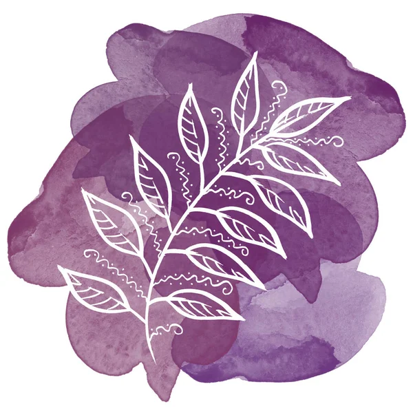 Colorful white line art Leave on watercolor purple splash and blot. Linear hand drawing laurel Leaf on white background — Fotografia de Stock