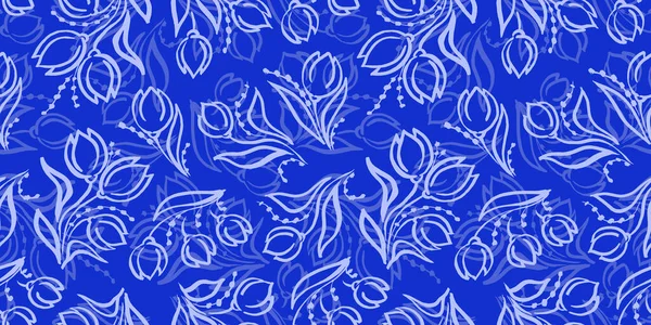 Πολύχρωμο Καλοκαιρινό ακουαρέλα floral Απρόσκοπτη μοτίβο γκρι κλαδί και τουλίπα Λουλούδι σε μπλε φόντο. Στοιχεία λουλουδιών με συσκευασία — Φωτογραφία Αρχείου