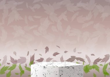 3D rendering. Exhibition podium. Stone pedestal. Stand for cosmetic products. 3D background. Autumn Backdrop. Falling leaves. Brown series