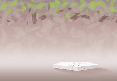 Exhibition podium. 3D background. Stone pedestal. Stand for cosmetic products. 3D rendering. Falling leaves. Brown series