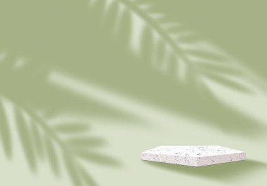 Exehibition podium. Stone pedestal. Green 3D background. Tropical branch with leaf shadow. Stand for demonstration cosmetic products. 3D rendering. Tropical series