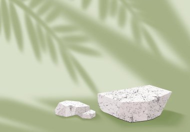 Exehibition podium. Green background. Tropical leaf shadow. 3D rendering. Group of White Stones. Display stand for cosmetic products. Tropical series