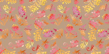 Multicolor Autumn watercolor floral Seamless pattern red and yellow branch and Flower on brown background. Flowers element with packaging