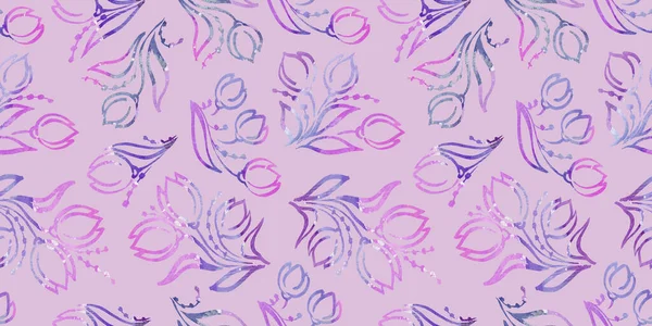 Multicolor Spring акварельний квітковий безшовний візерунок фіолетовий і фіолетовий гілки і тюльпан Квітка на рожевому фоні. Квіти елемент з упаковкою — стокове фото
