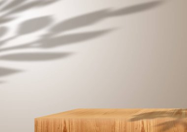 Wooden product display podium. Branch shadow with leave. 3D render