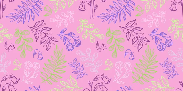 Spring Seamless Pattern. Floral elements in doodle style. Pink background. Tropical leaves. Green and violet colors — 图库照片