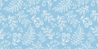 Winter Seamless Pattern. Floral elements in doodle style. Blue background. Tropical leaves and Flowers. Blue and white colors