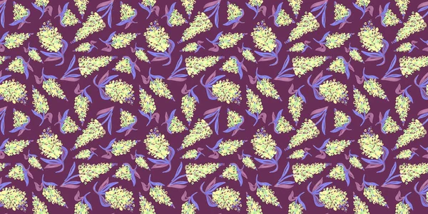 Весняний безшовний візерунок квіткових елементів у каракулі на фіолетовому фоні. жовті та зелені Квіти та фіолетовий лист Візерунки з упаковкою та скрапбукінгом — стокове фото