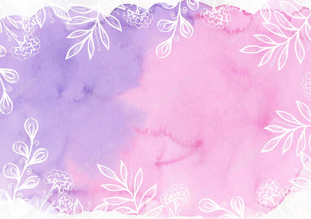 Watercolor pink and violet provence background. Floral elements. White leaves. Blot and Splash