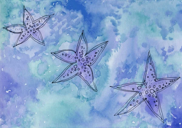 Provence blue watercolor Background. Black starfish. Sea Backdrop — Stock Photo, Image