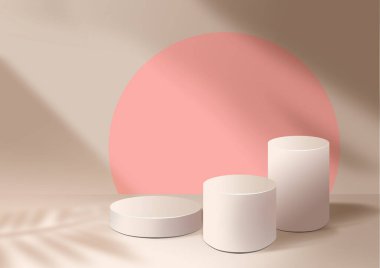 Biege sergisi podyumlarını hazırlayın. 3 boyutlu görüntüleme. Pembe kemer