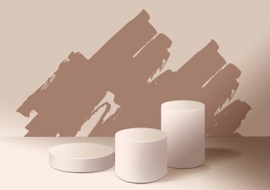 Biege sergisi podyumlarını hazırlayın. 3 boyutlu görüntüleme. Arka planda kahverengi su sıçraması. Kozmetik ekran ürünü