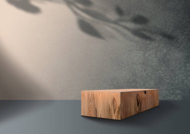 Ahşap sergi podyumu. Üç boyutlu arka plan. Bej arkaplan. Tropik bir dal. Gölgeyi bırak. 3B görüntüleme
