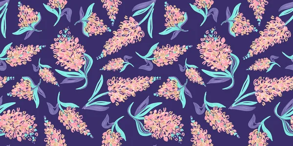 Весняний безшовний візерунок квіткових елементів у каракулі на фіолетовому фоні. Рожеві, коричневі, бірюзові та сині квіти Візерунки з упаковкою та скрапбукінгом — стокове фото