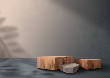 Ahşap sergi podyumu. Kahverengi Arkaplan. Üç boyutlu arka plan. Yapraklar 'ın gölgesi. Tropikal izin. Grup kaidesi. 3B görüntüleme