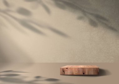 Ahşap sergi podyumu. Üç boyutlu arka plan. Tropikal yaprakları olan bir gölgedir. 3B görüntüleme