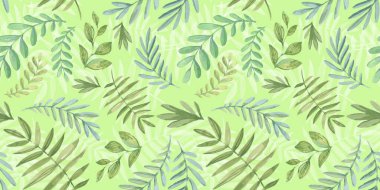 Yaysız Bahar Şablonu. Karalama stilinde çiçek elementleri. Yeşil arka plan. Tropik yeşil yapraklar