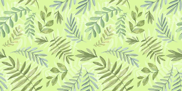 Spring Seamless Pattern. Florale Elemente im Doodle-Stil. Grüner Hintergrund. Tropisch grüne Blätter — Stockfoto