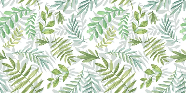 Patrón sin costura de primavera. Elementos florales en estilo doodle. Fondo blanco. Hojas verdes tropicales — Foto de Stock