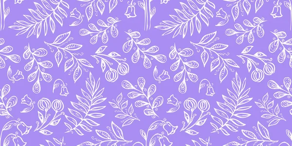 Vintersömlösa mönster. Blommiga inslag i doodle stil. Violett bakgrund. Tropiska blad och blommor. Violetta och vita färger — Stockfoto