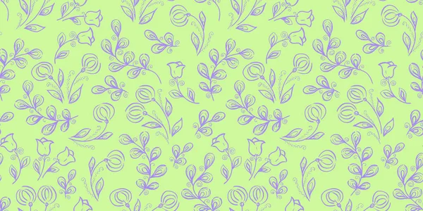 Patrón sin costura de primavera. Elementos florales en estilo doodle. Fondo verde. Hojas tropicales violetas. Tulipán y diente de león Flores — Foto de Stock