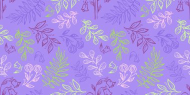Yaysız Bahar Şablonu. Karalama stilinde çiçek elementleri. Violet geçmişi. Tropik yapraklar. Yeşil ve mor renkler