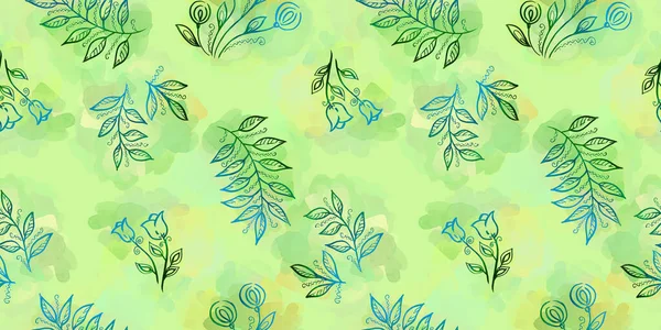 Molla senza cuciture Pattern. Elementi floreali in stile doodle. Sfondo verde. Foglie verdi tropicali. Tulipano e tarassaco Fiori — Foto Stock