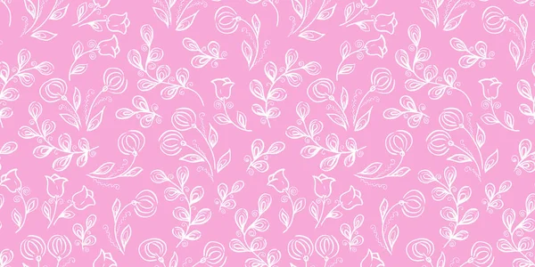 봄의 바다없는 패턴. 낙서 스타일의 식물학적 요소들. 핑크 배경. 열 대의 흰 잎들. 프로방스 튤립 과 민들레 꽃 — 스톡 사진