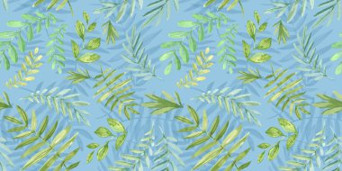 Yaysız Bahar Şablonu. Karalama stilinde çiçek elementleri. Yeşil arka plan. Tropik yeşil yapraklar