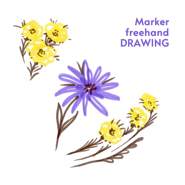 Blomma med ledighet. Violetta och gula blommor — Stockfoto