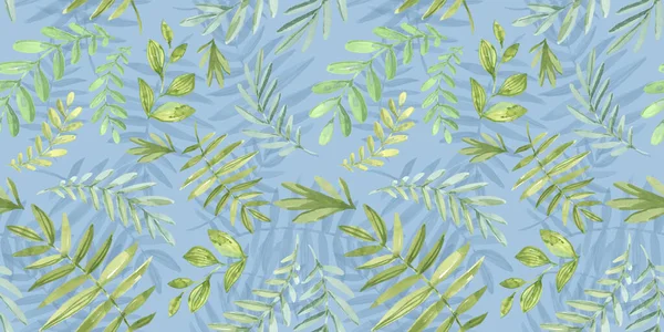 Vårens sömlösa mönster. Blommiga inslag i doodle stil. Grön bakgrund. Tropiska gröna blad — Stockfoto