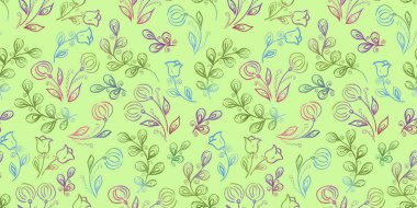 Yaysız Bahar Şablonu. Karalama stilinde çiçek elementleri. Yeşil arka plan. Lale ve yapraklı karahindiba.