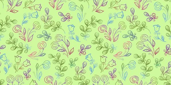 Μοτίβο χωρίς ραφές. Floral στοιχεία σε στυλ doodle. Πράσινο φόντο. Τουλίπα και πικραλίδα με φύλλα — Φωτογραφία Αρχείου