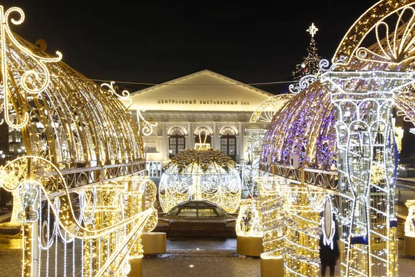 Ohotny Ryad 'daki Yeni Yıl Merkezi Sergi Salonu manzarası. Moskova, Rusya 