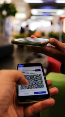 Elinde telefon olan bir kadının elleri kimlik taraması yapar. Yeşil kart. Elektronik. havaalanı konumu