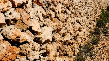 Alçıpan dokusu. Sıkışmış taşlar. Menorca, İspanya