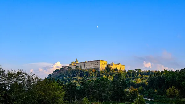 View Abbey Montecassino Latium Italy Abbey Sunset Moon Blue Sky — Stock Photo, Image