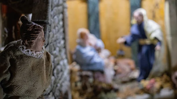 Detail Nativity Scene Woman Observes Mary Joseph Baby Jesus — Photo