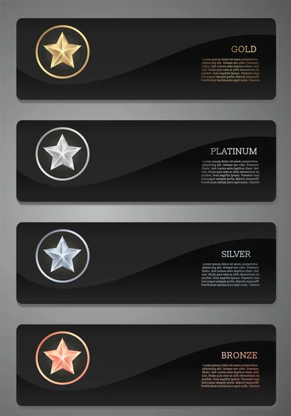 Metalik yıldız ve kurdele, siyah kart, Altın, Platin, Gümüş, Bronz, Vektör illüstrasyon.