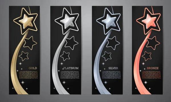 Metalik yıldız ve kurdele, siyah kart, Altın, Platin, Gümüş, Bronz, Vektör illüstrasyon.