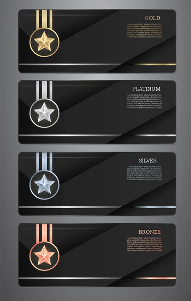 Metalic Star Ribbon Black Card Gold Platinum Silver Bronze Vector — Vettoriale Stock
