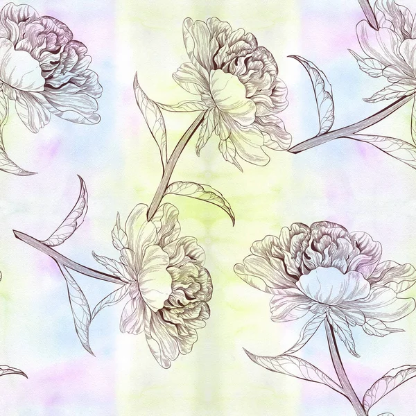 Květy Peonií Pozadí Akvarel Bezešvé Pozadí Koláž Květin Listí Použití — Stock fotografie