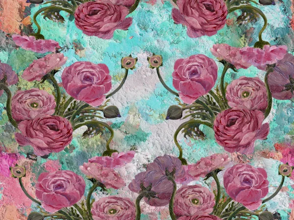 Kusursuz Desen Yağlı Boya Tablonun Arka Planında Çiçekler Çiçek Motifli — Stok fotoğraf