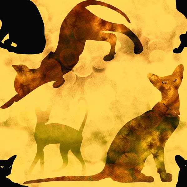 Cats Different Poses Silhouettes Seamless Pattern Graceful Animal Use Printed — Stock Photo, Image